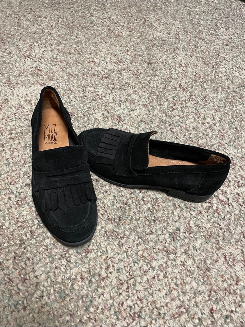 Miz Mooz Ilona Black Suede Kiltie Penny Loafers- new